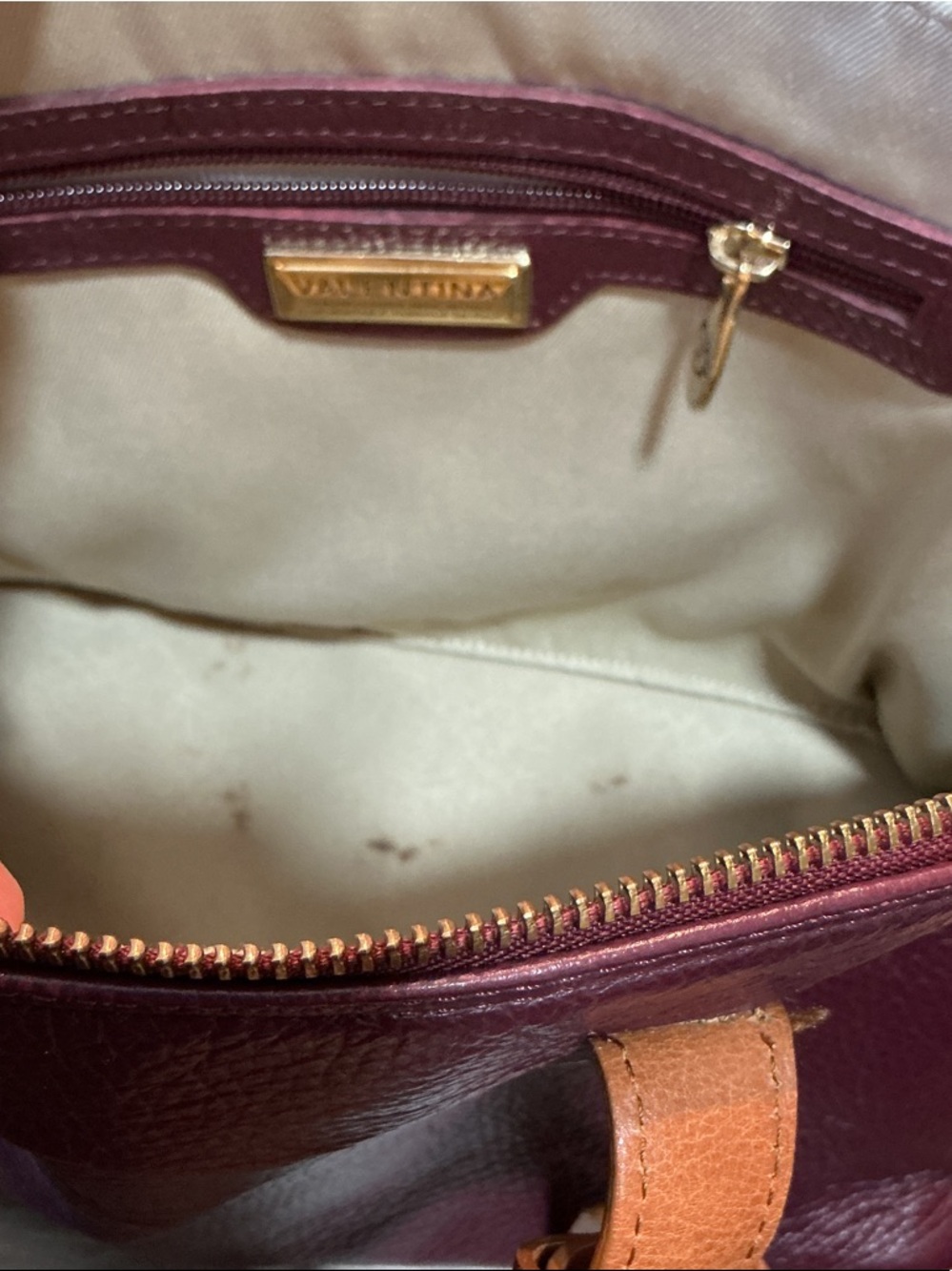 Valentina Burgundy Leather Dome Satchel with Tan Handles Made in Italy - Picture 5 of 7